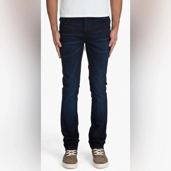 NUDIE Sz 33 x 34 Jeans Thin Finn Dark Shine Slim Dark Wash Wiskering Denim - Picture 1 of 13